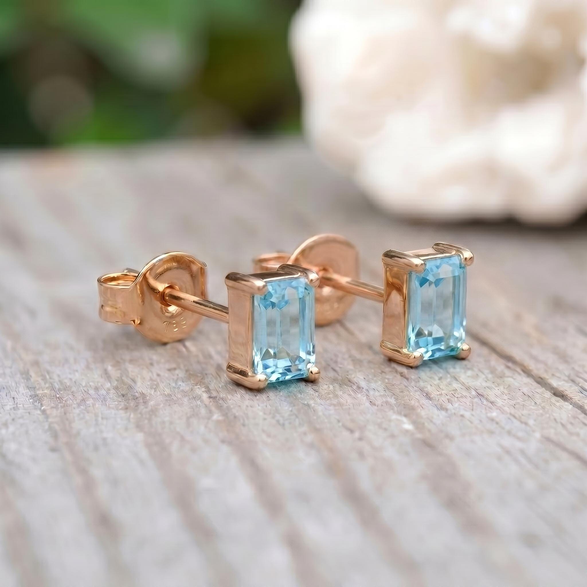 Aquamarine Stud Earrings, Emerald Cut Blue Gemstone Dainty Everyday Jewelry, March Birthstone Gift for Her