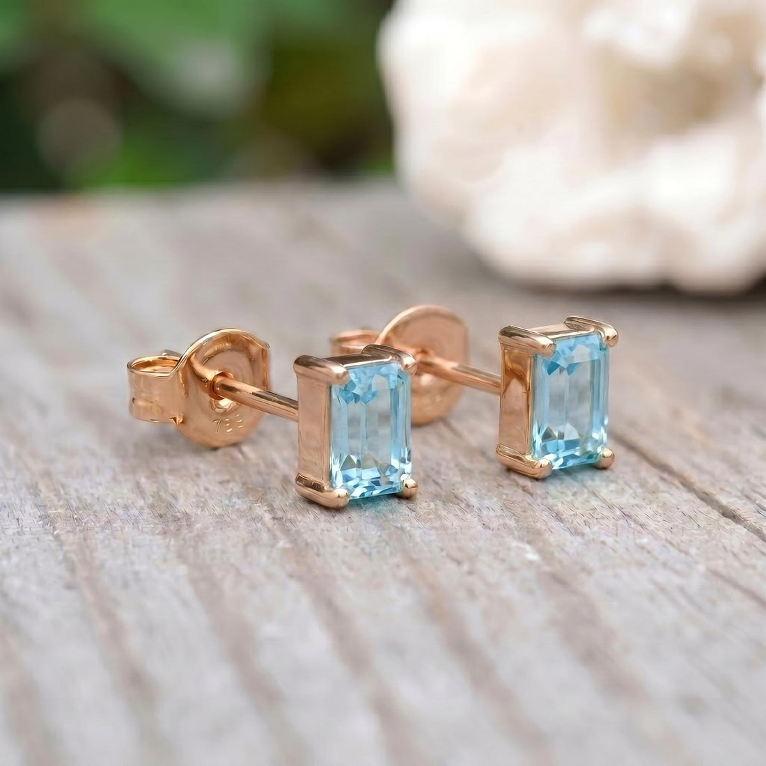 Aquamarine Stud Earrings, Emerald Cut Blue Gemstone Dainty Everyday Jewelry, March Birthstone Gift for Her