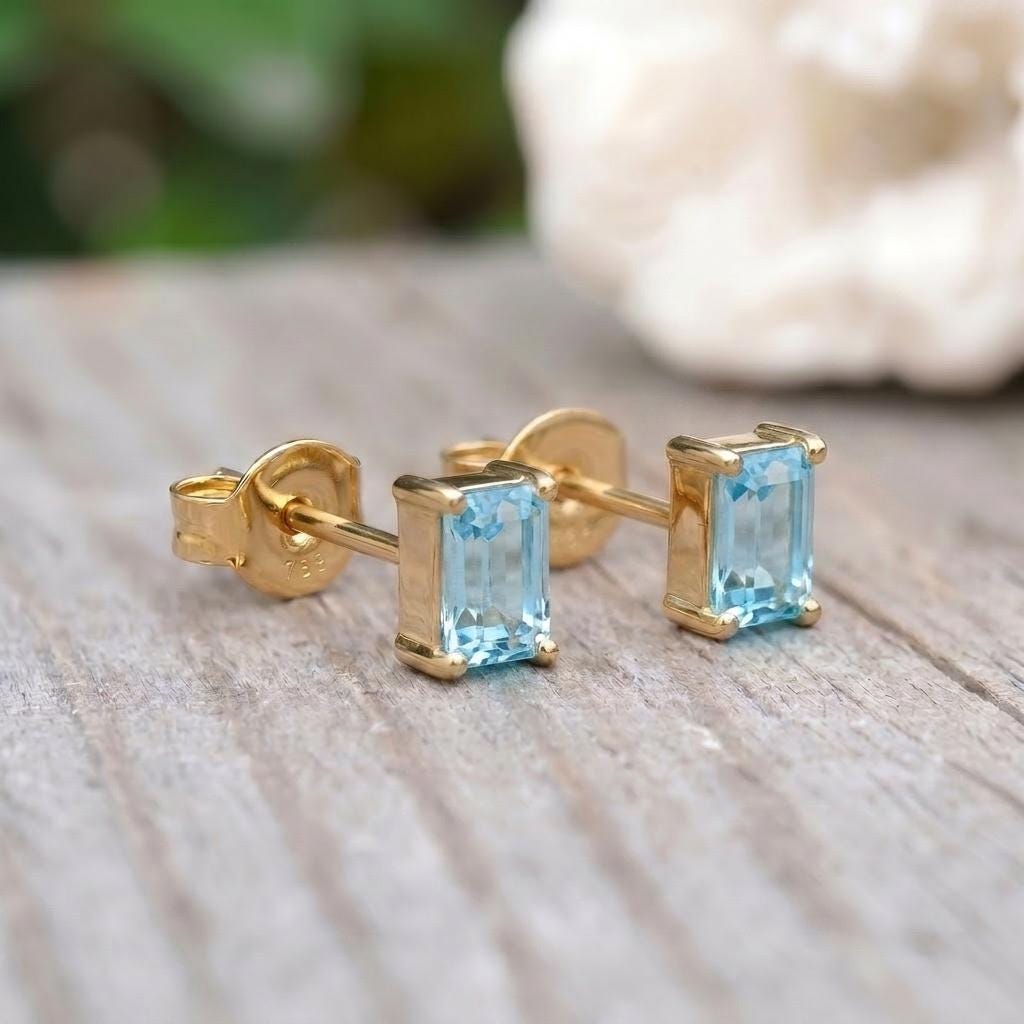 Aquamarine Stud Earrings, Emerald Cut Blue Gemstone Dainty Everyday Jewelry, March Birthstone Gift for Her