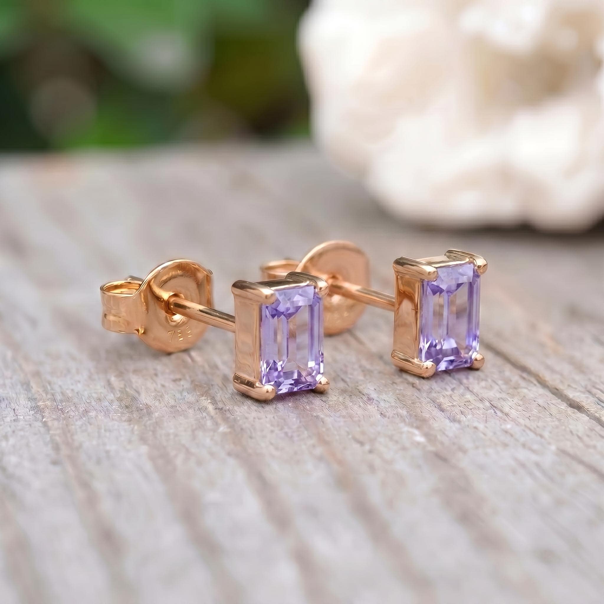 Emerald Cut Lavender Amethyst Stud Earrings - Dainty Solid Gold Purple Gemstone Minimalist Everyday Jewelry Gift