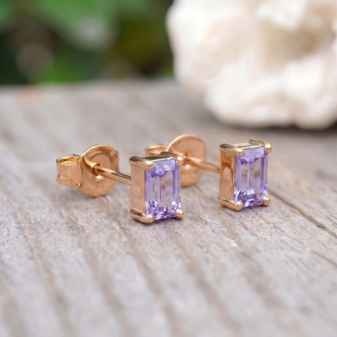 Emerald Cut Lavender Amethyst Stud Earrings - Dainty Solid Gold Purple Gemstone Minimalist Everyday Jewelry Gift