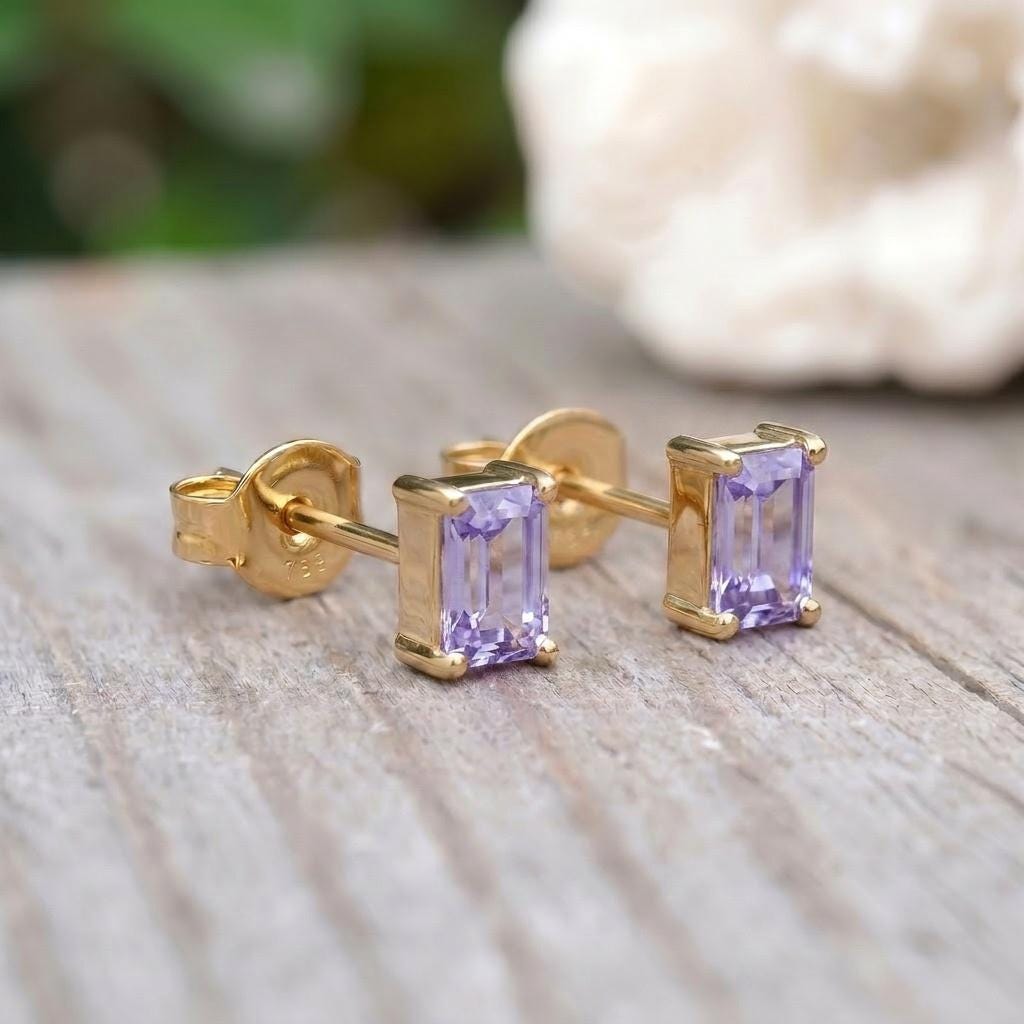 Emerald Cut Lavender Amethyst Stud Earrings - Dainty Solid Gold Purple Gemstone Minimalist Everyday Jewelry Gift