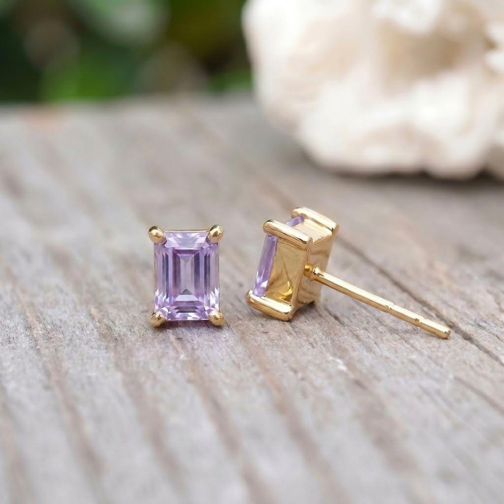 Emerald Cut Lavender Amethyst Stud Earrings - Dainty Solid Gold Purple Gemstone Minimalist Everyday Jewelry Gift