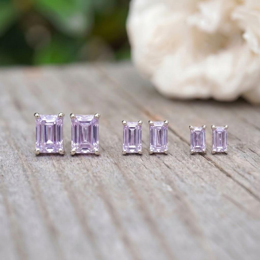 Emerald Cut Lavender Amethyst Stud Earrings - Dainty Solid Gold Purple Gemstone Minimalist Everyday Jewelry Gift
