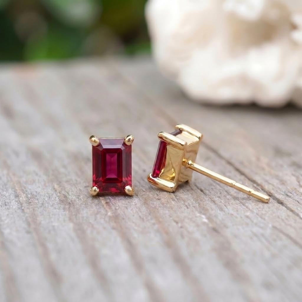 Dainty Emerald Cut Ruby Stud Earrings, 18K Gold Minimalist Fine Jewelry, July Birthstone Gift for Her