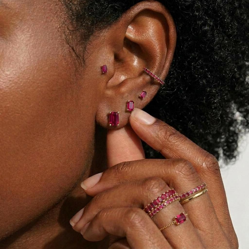 Dainty Emerald Cut Ruby Stud Earrings, 18K Gold Minimalist Fine Jewelry, July Birthstone Gift for Her