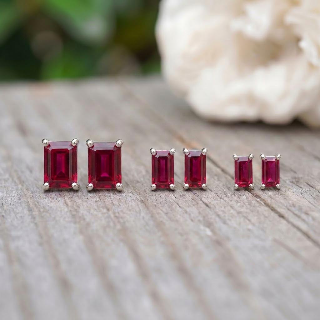 Dainty Emerald Cut Ruby Stud Earrings, 18K Gold Minimalist Fine Jewelry, July Birthstone Gift for Her