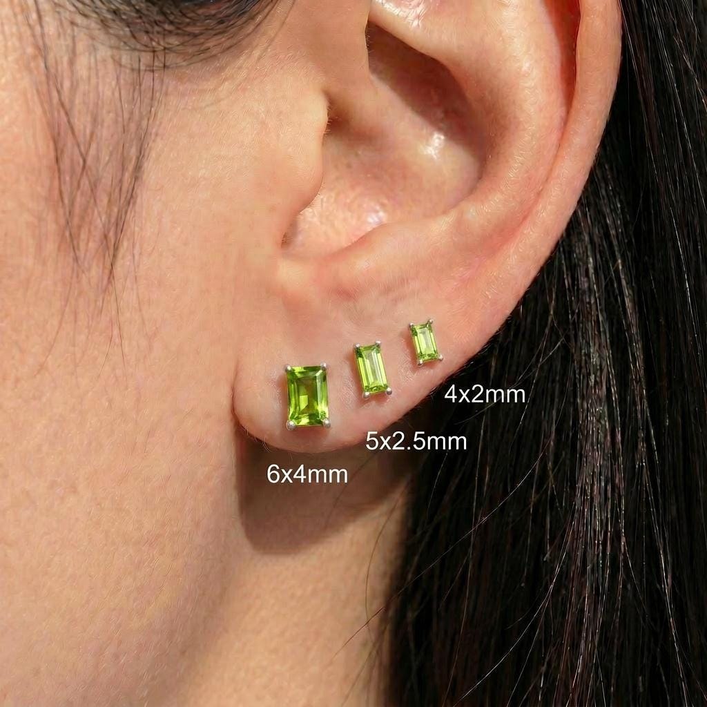 Emerald Cut Peridot Stud Earrings | Sterling Silver Peridot Jewelry | August Birthstone Gift | Dainty Green Gemstone Everyday Earrings