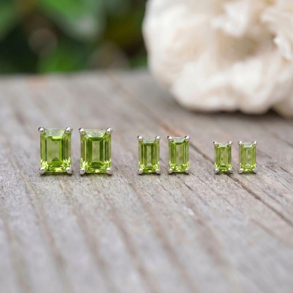 Emerald Cut Peridot Stud Earrings | Sterling Silver Peridot Jewelry | August Birthstone Gift | Dainty Green Gemstone Everyday Earrings