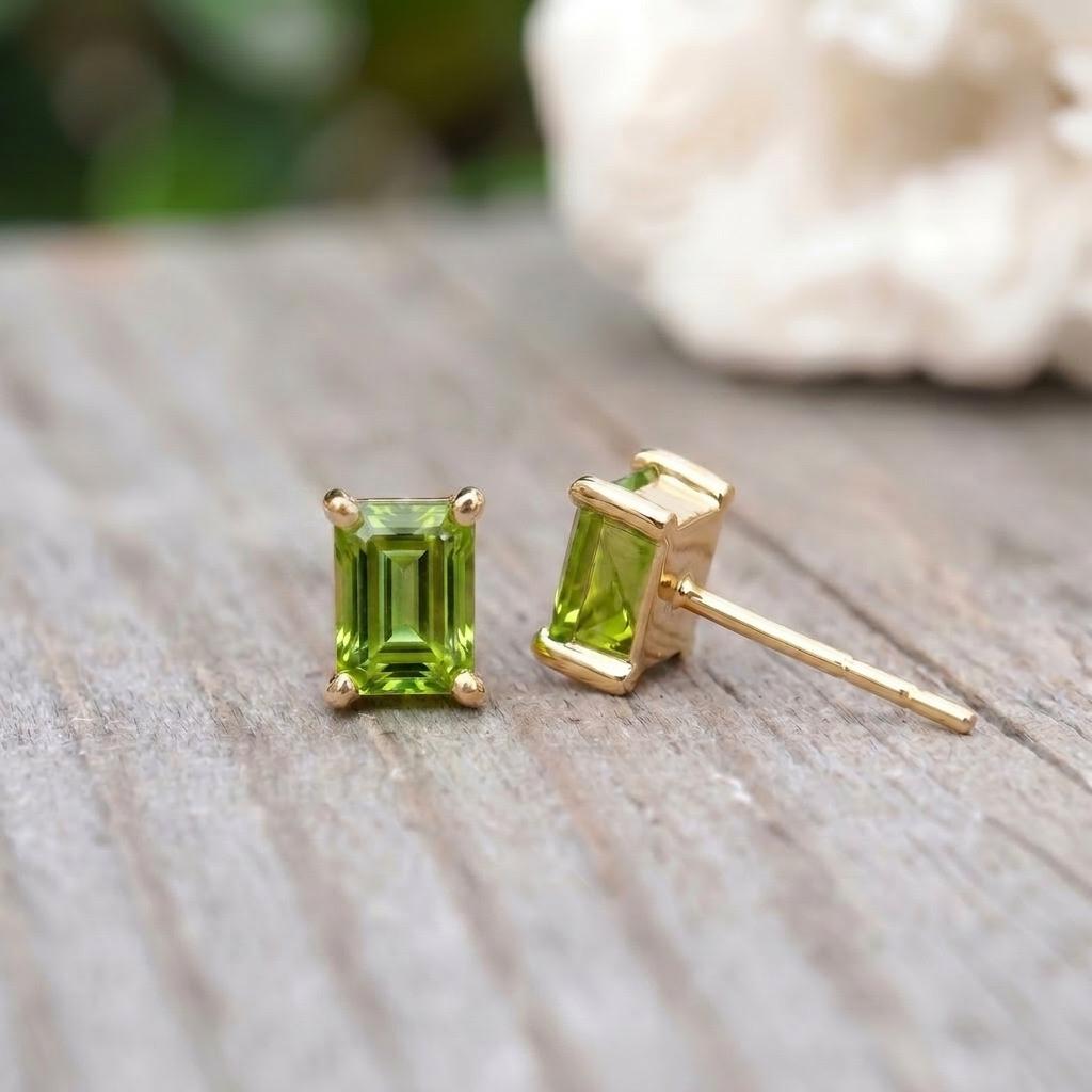 Emerald Cut Peridot Stud Earrings | Sterling Silver Peridot Jewelry | August Birthstone Gift | Dainty Green Gemstone Everyday Earrings