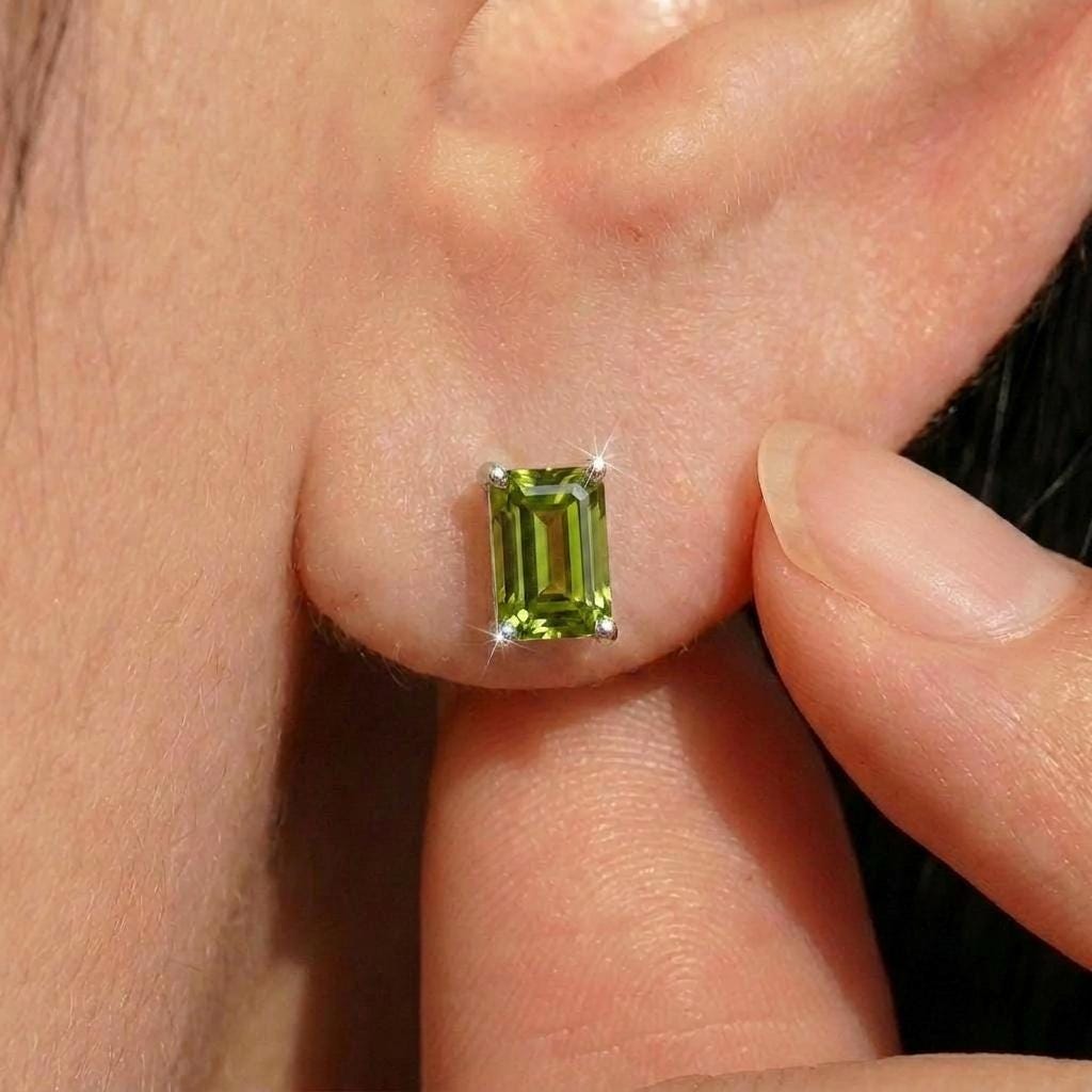 Emerald Cut Peridot Stud Earrings | Sterling Silver Peridot Jewelry | August Birthstone Gift | Dainty Green Gemstone Everyday Earrings