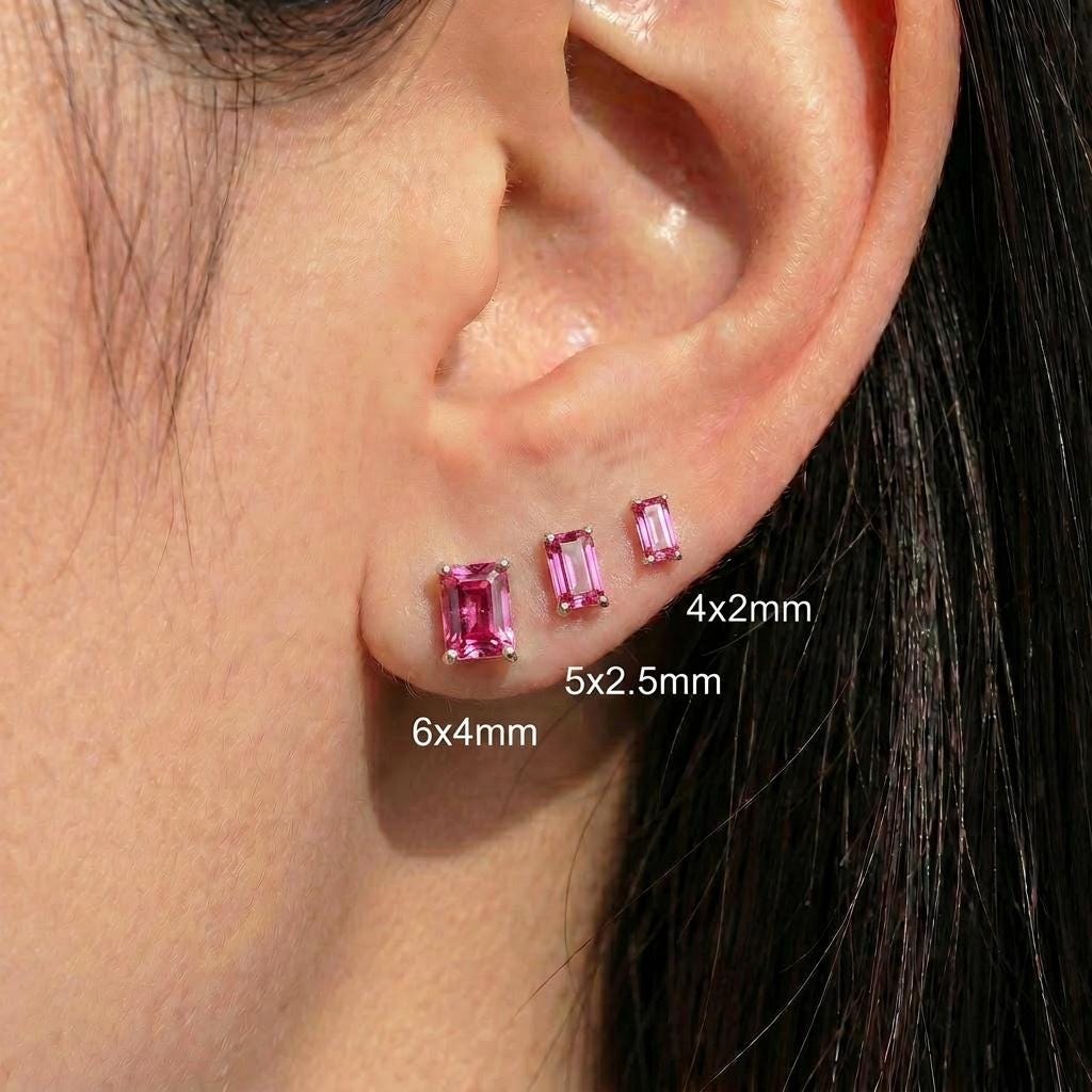 Emerald Cut Pink Tourmaline Stud Earrings | 18K Gold Dainty Everyday Gemstone Jewelry | October Birthstone Gift for Her, Minimalist Studs