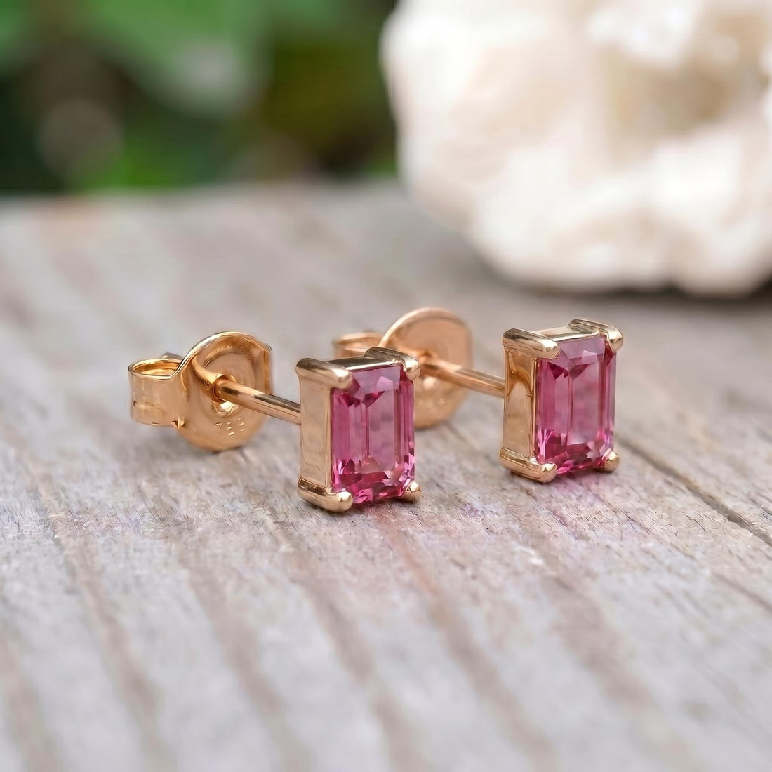 Emerald Cut Pink Tourmaline Stud Earrings | 18K Gold Dainty Everyday Gemstone Jewelry | October Birthstone Gift for Her, Minimalist Studs
