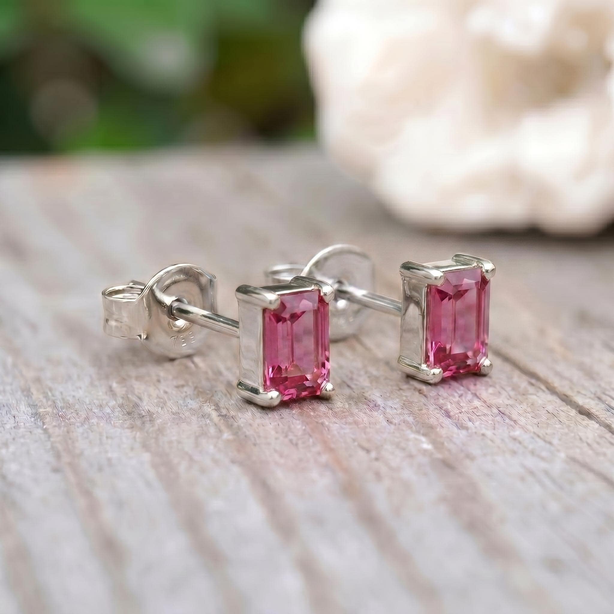 Emerald Cut Pink Tourmaline Stud Earrings | 18K Gold Dainty Everyday Gemstone Jewelry | October Birthstone Gift for Her, Minimalist Studs