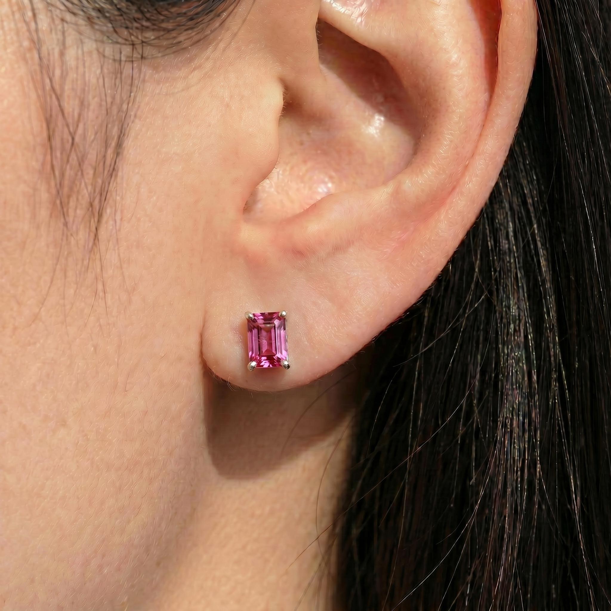 Emerald Cut Pink Tourmaline Stud Earrings | 18K Gold Dainty Everyday Gemstone Jewelry | October Birthstone Gift for Her, Minimalist Studs