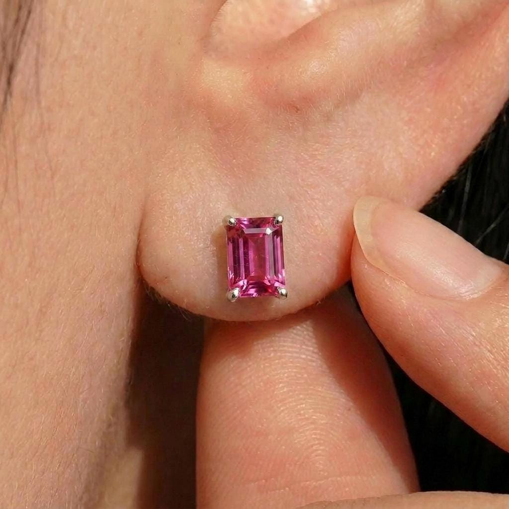 Emerald Cut Pink Tourmaline Stud Earrings | 18K Gold Dainty Everyday Gemstone Jewelry | October Birthstone Gift for Her, Minimalist Studs
