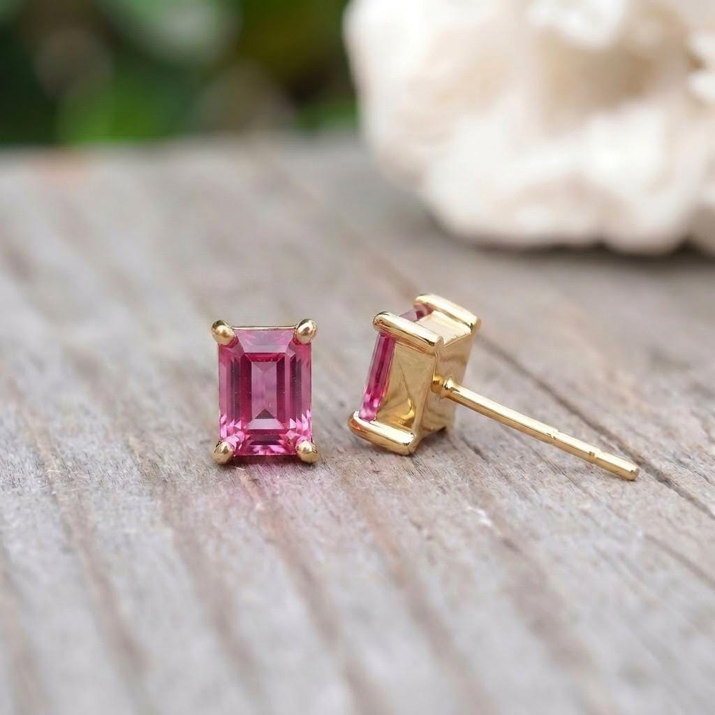 Emerald Cut Pink Tourmaline Stud Earrings | 18K Gold Dainty Everyday Gemstone Jewelry | October Birthstone Gift for Her, Minimalist Studs