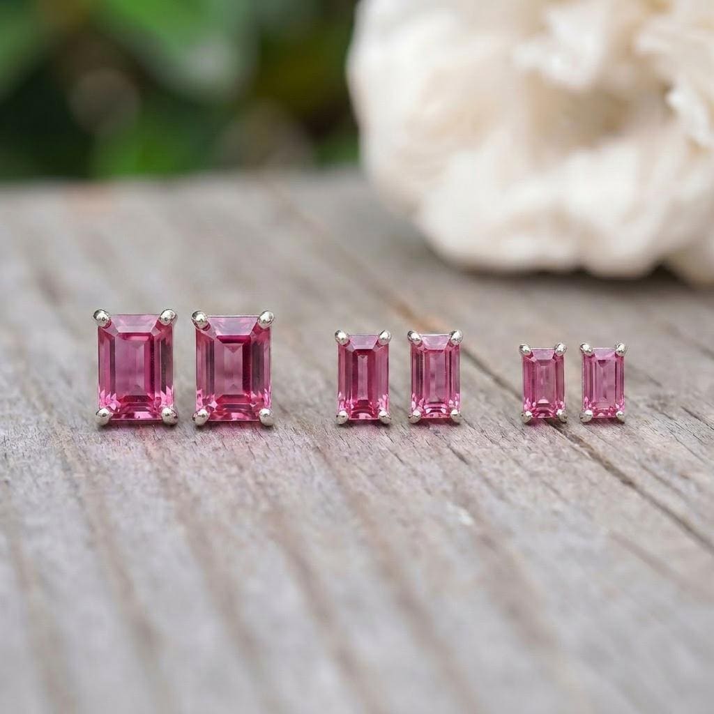 Emerald Cut Pink Tourmaline Stud Earrings | 18K Gold Dainty Everyday Gemstone Jewelry | October Birthstone Gift for Her, Minimalist Studs