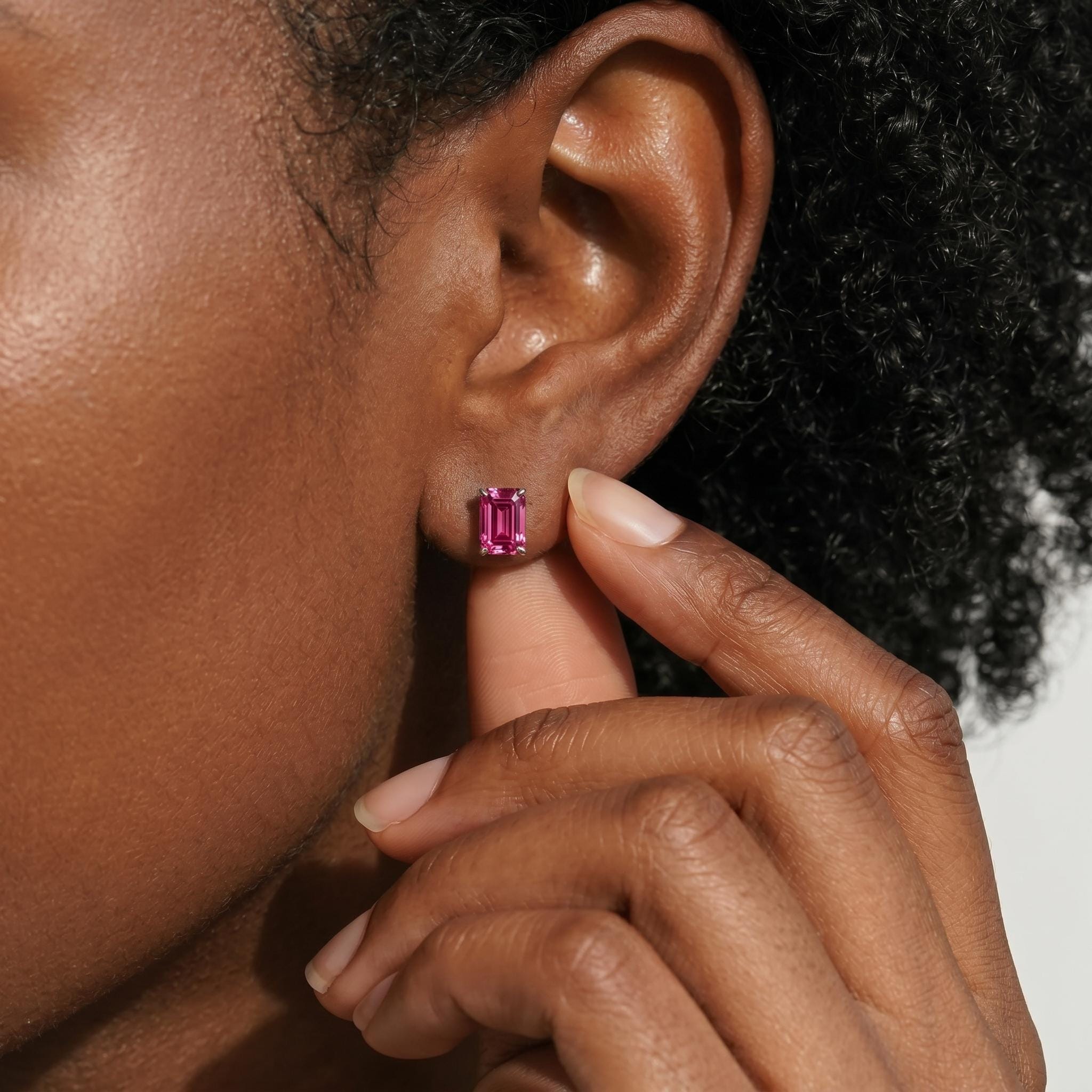 Emerald Cut Pink Tourmaline Stud Earrings | 18K Gold Dainty Everyday Gemstone Jewelry | October Birthstone Gift for Her, Minimalist Studs