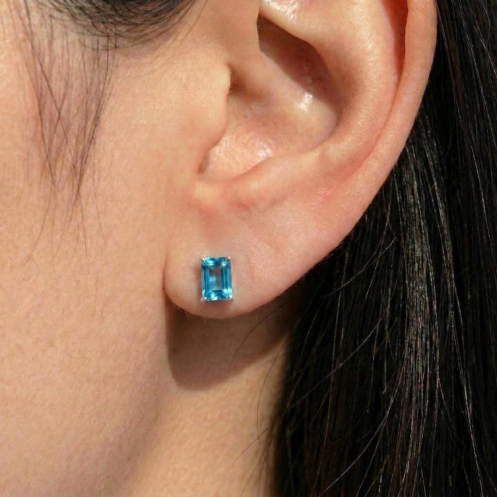 Emerald Cut Blue Topaz Stud Earrings | Dainty December Birthstone Jewelry | Minimalist Everyday Fine Gemstone Gift for Her