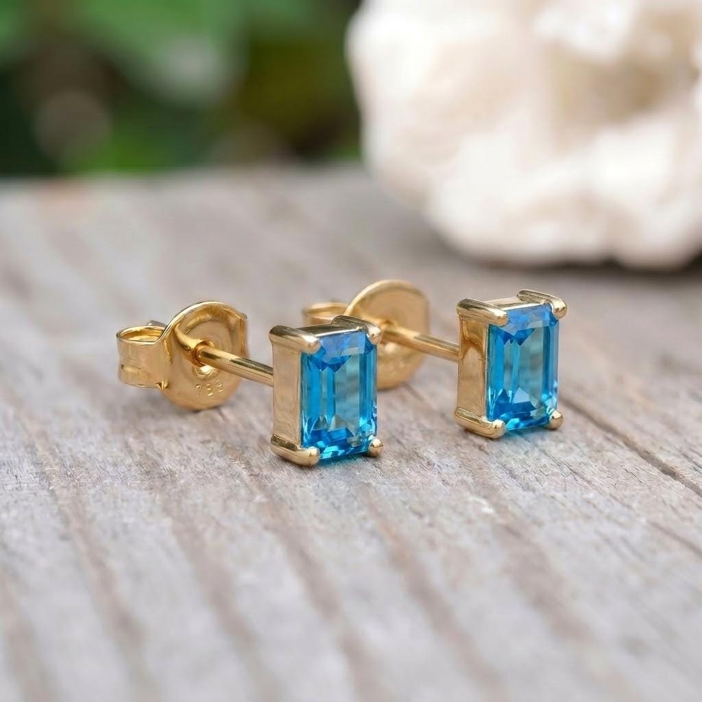 Emerald Cut Blue Topaz Stud Earrings | Dainty December Birthstone Jewelry | Minimalist Everyday Fine Gemstone Gift for Her