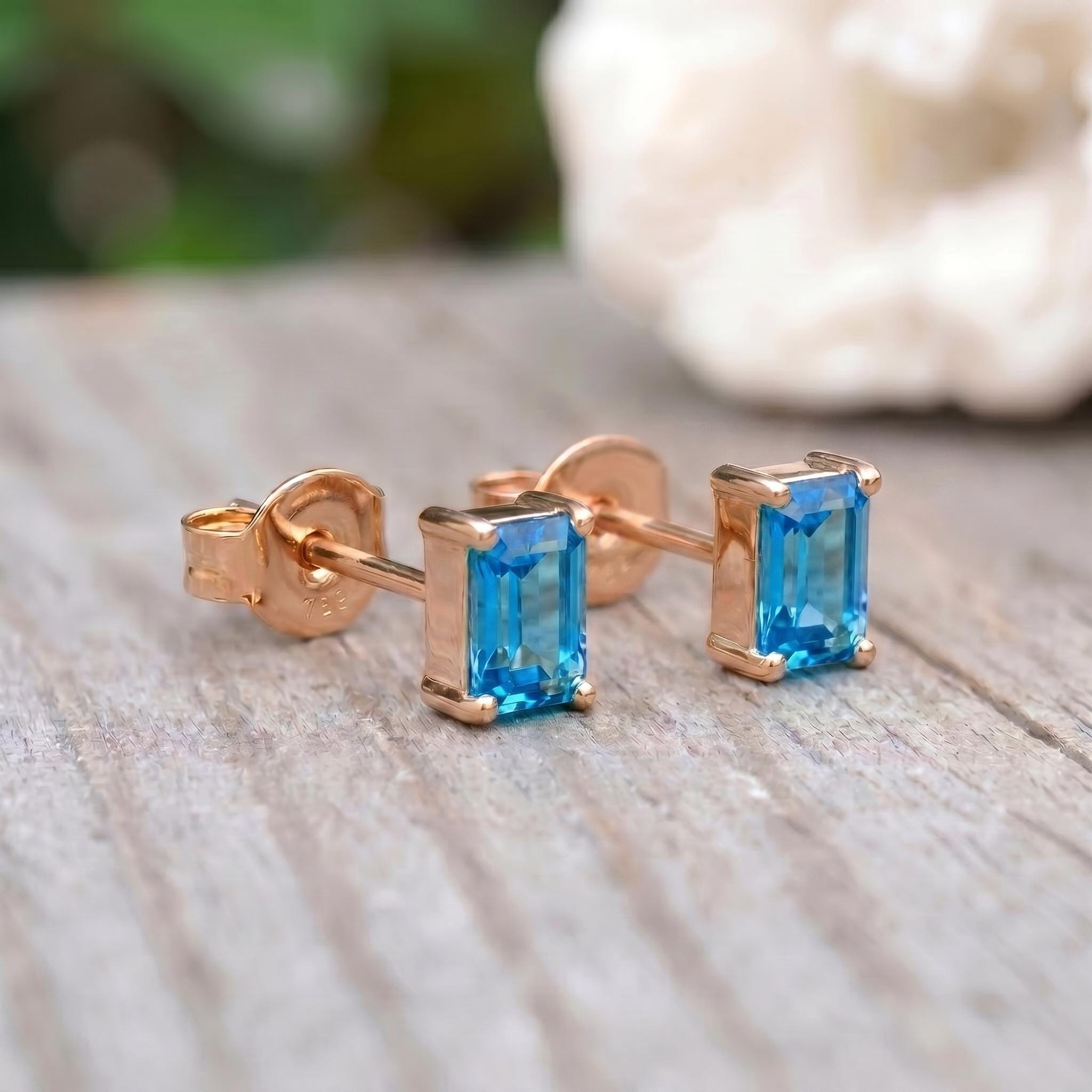 Emerald Cut Blue Topaz Stud Earrings | Dainty December Birthstone Jewelry | Minimalist Everyday Fine Gemstone Gift for Her