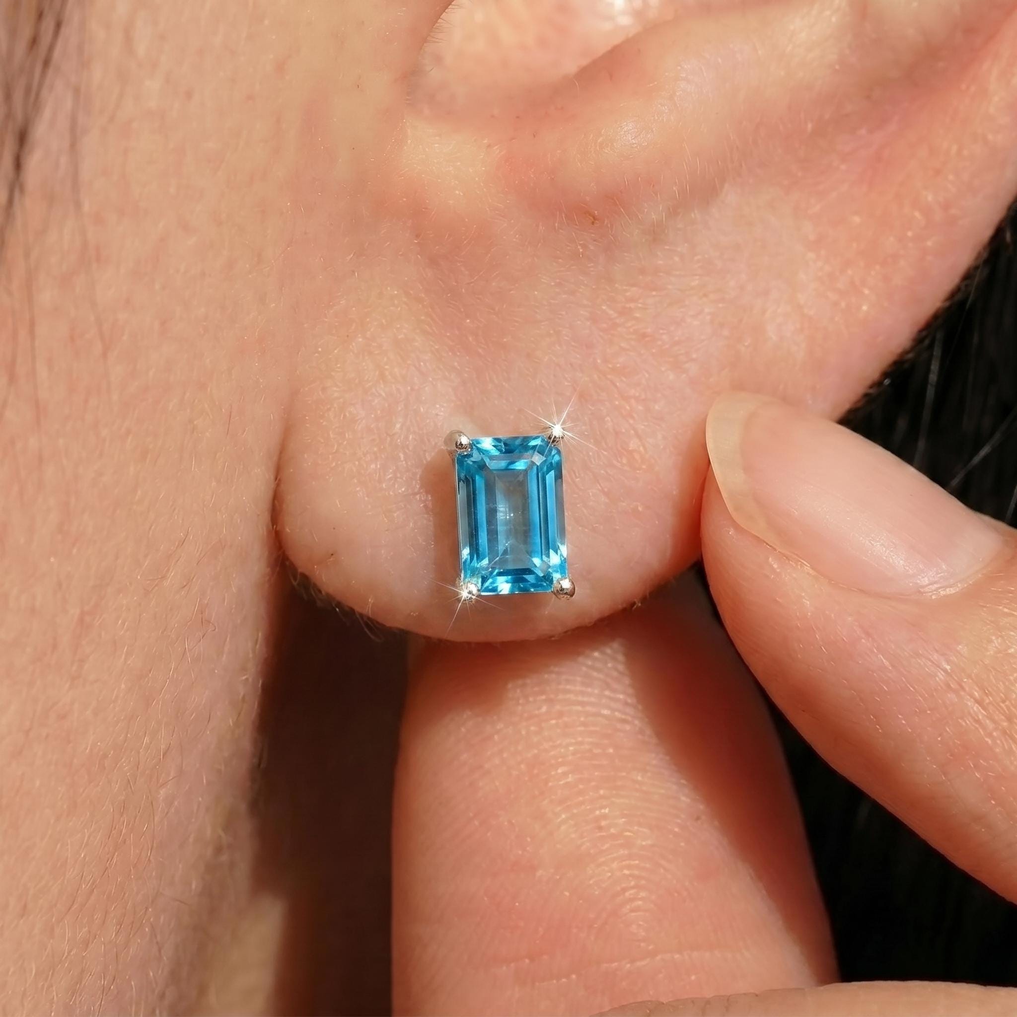 Emerald Cut Blue Topaz Stud Earrings | Dainty December Birthstone Jewelry | Minimalist Everyday Fine Gemstone Gift for Her