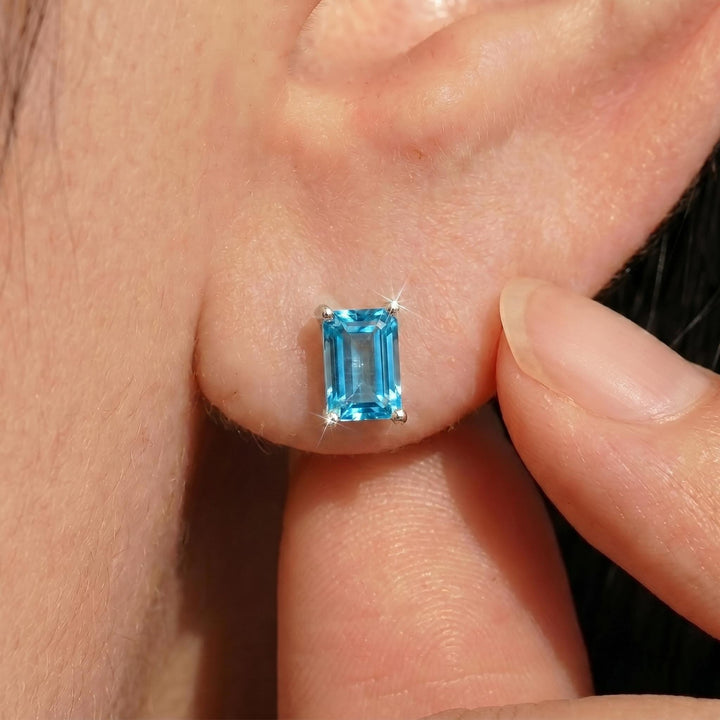 Emerald Cut Blue Topaz Stud Earrings | Dainty December Birthstone Jewelry | Minimalist Everyday Fine Gemstone Gift for Her