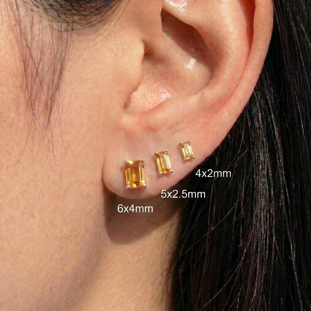 Emerald Cut Citrine Stud Earrings | 18K Gold Yellow Gemstone Dainty Minimalist Jewelry | November Birthstone Gift
