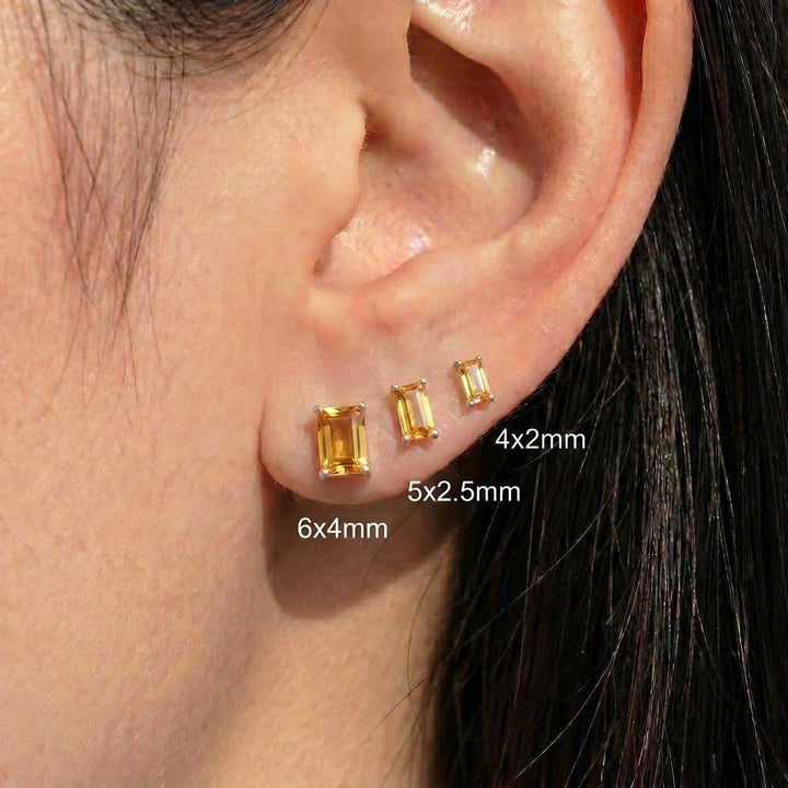 Emerald Cut Citrine Stud Earrings | 18K Gold Yellow Gemstone Dainty Minimalist Jewelry | November Birthstone Gift