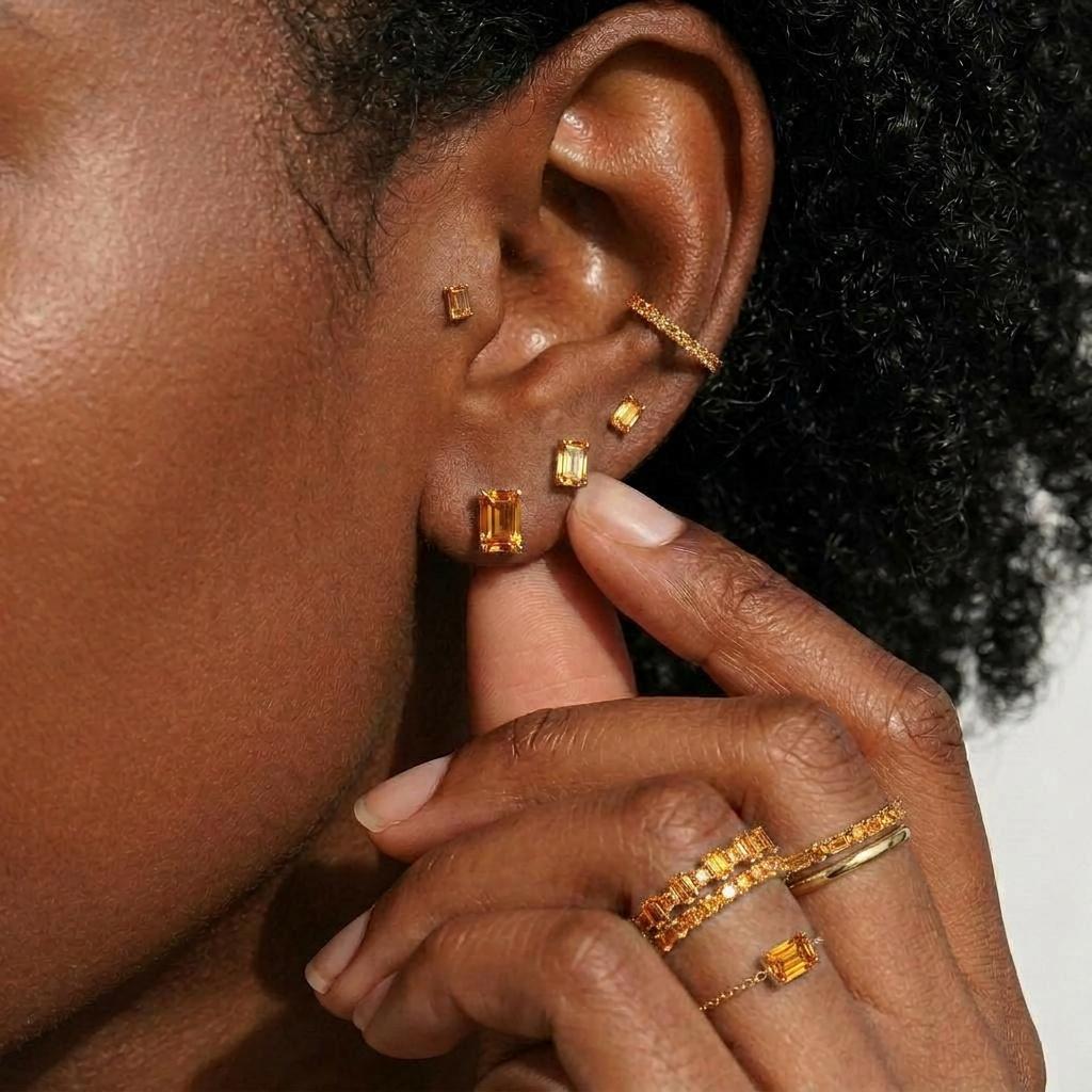 Emerald Cut Citrine Stud Earrings | 18K Gold Yellow Gemstone Dainty Minimalist Jewelry | November Birthstone Gift