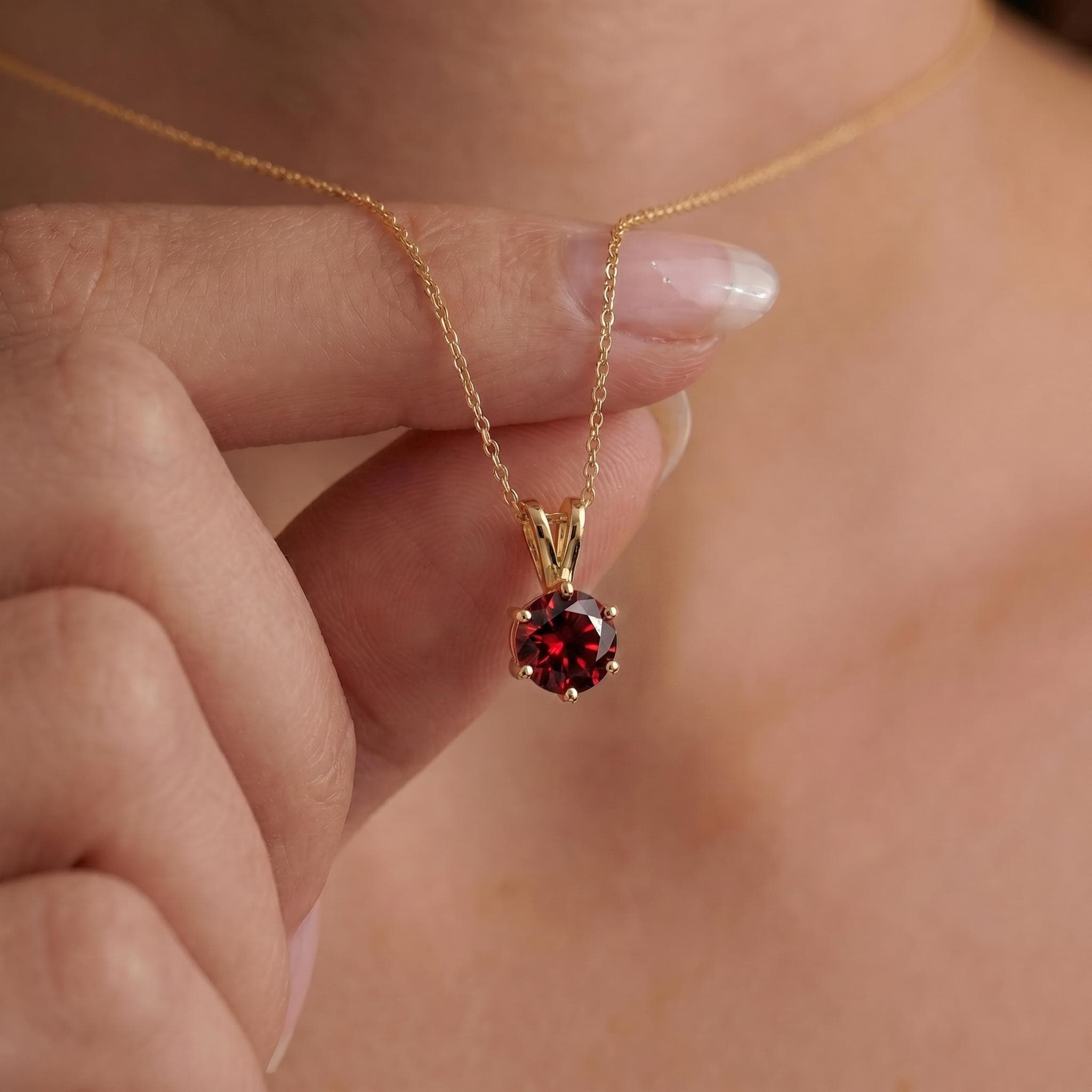 Garnet Necklace Gold, Solitaire Pendant, January Birthstone Necklace, Dainty Red Gemstone Necklace for Her
