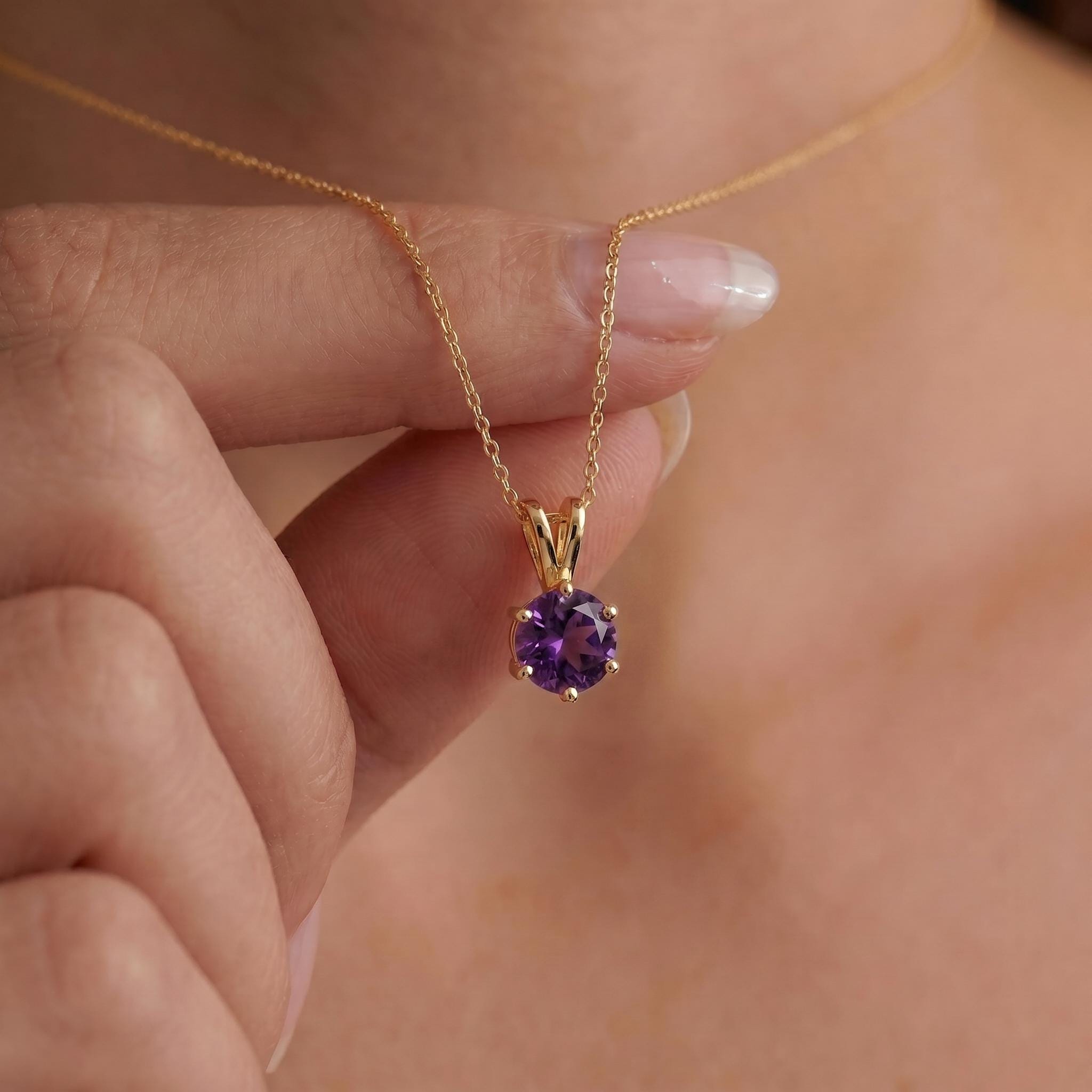 Amethyst Necklace, Solitaire Pendant, February Birthstone Necklace, Dainty Purple Gemstone Necklace for Her