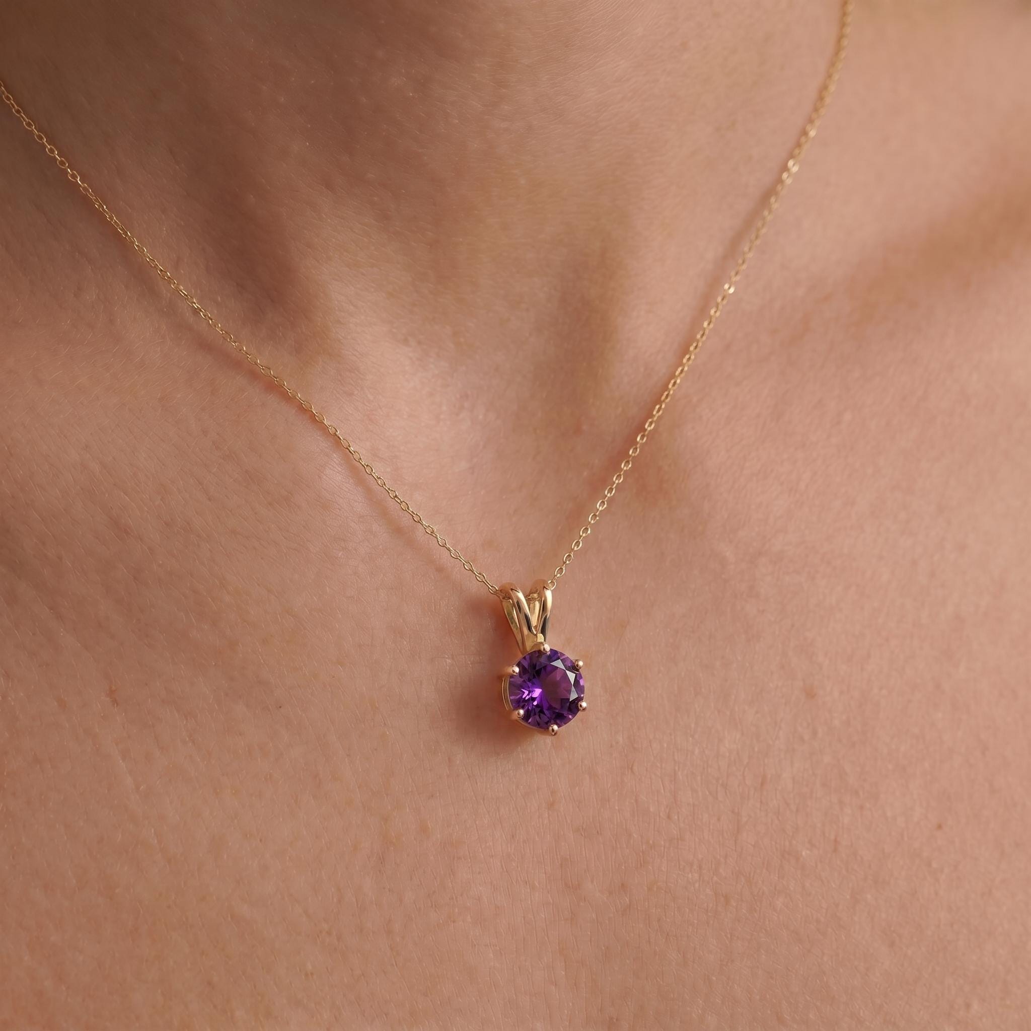 Amethyst Necklace, Solitaire Pendant, February Birthstone Necklace, Dainty Purple Gemstone Necklace for Her