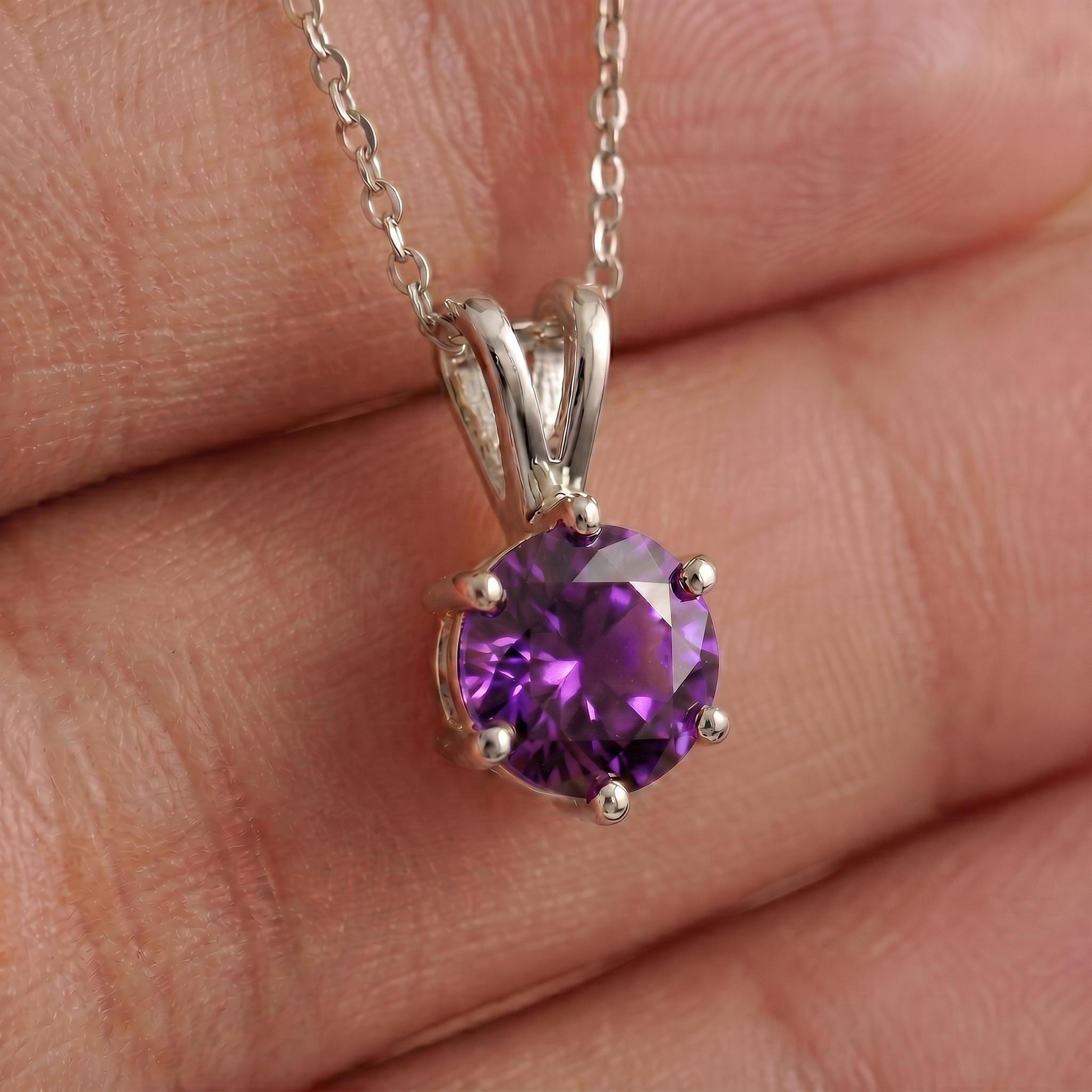 Amethyst Necklace, Solitaire Pendant, February Birthstone Necklace, Dainty Purple Gemstone Necklace for Her