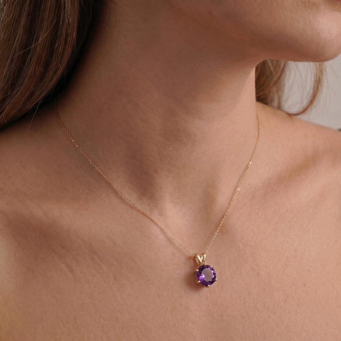 Amethyst Necklace, Solitaire Pendant, February Birthstone Necklace, Dainty Purple Gemstone Necklace for Her