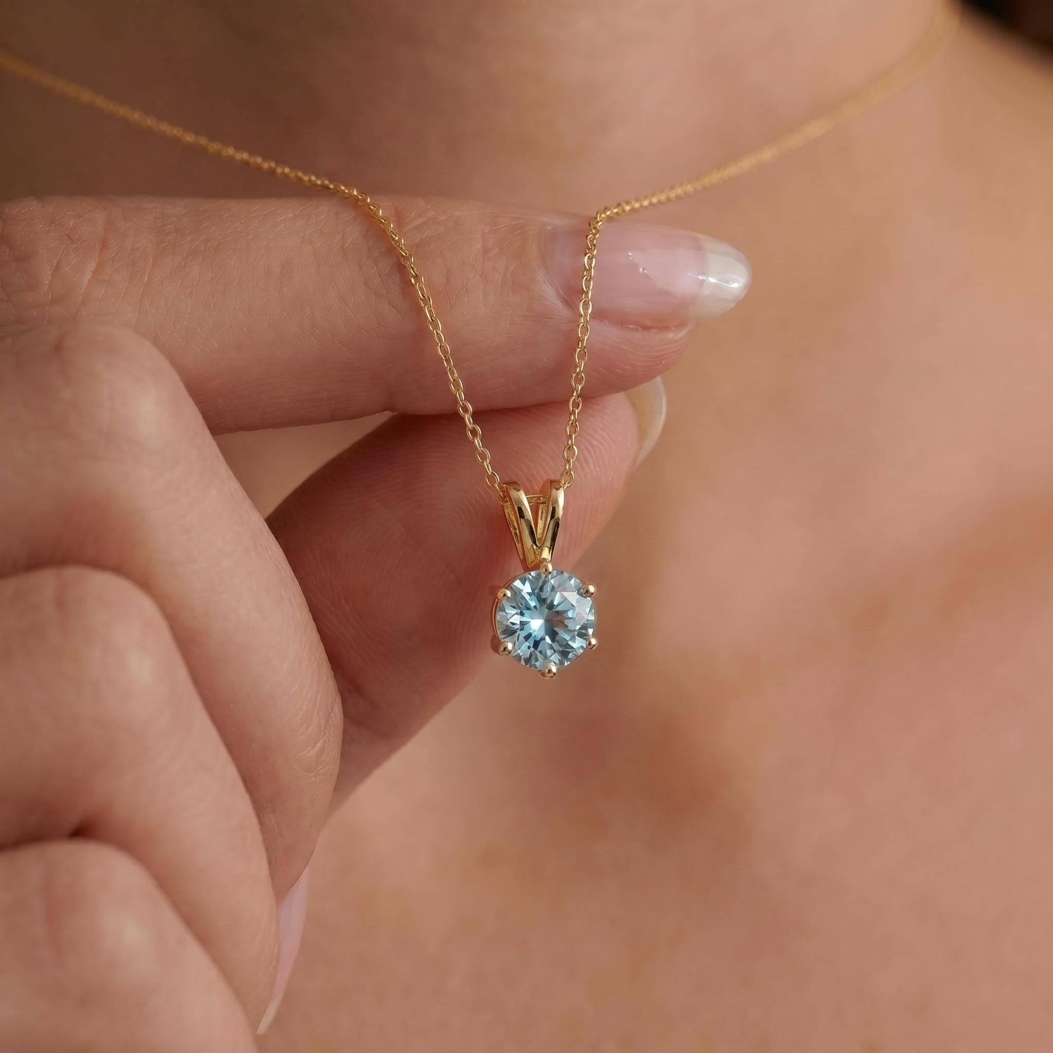 Aquamarine Necklace, Solitaire Pendant, March Birthstone Necklace, Dainty Blue Gemstone Necklace for Her