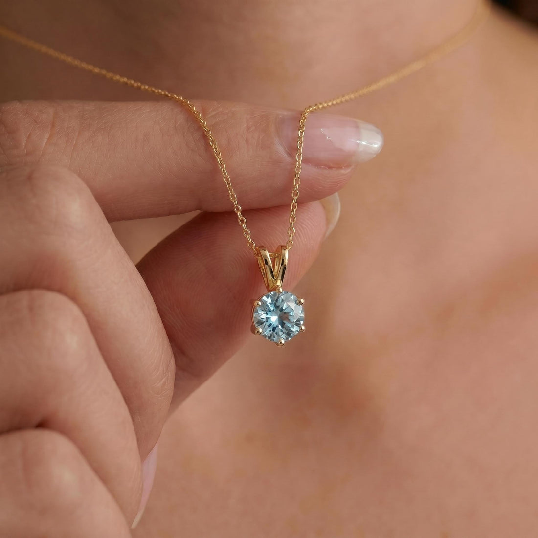 Aquamarine Necklace, Solitaire Pendant, March Birthstone Necklace, Dainty Blue Gemstone Necklace for Her