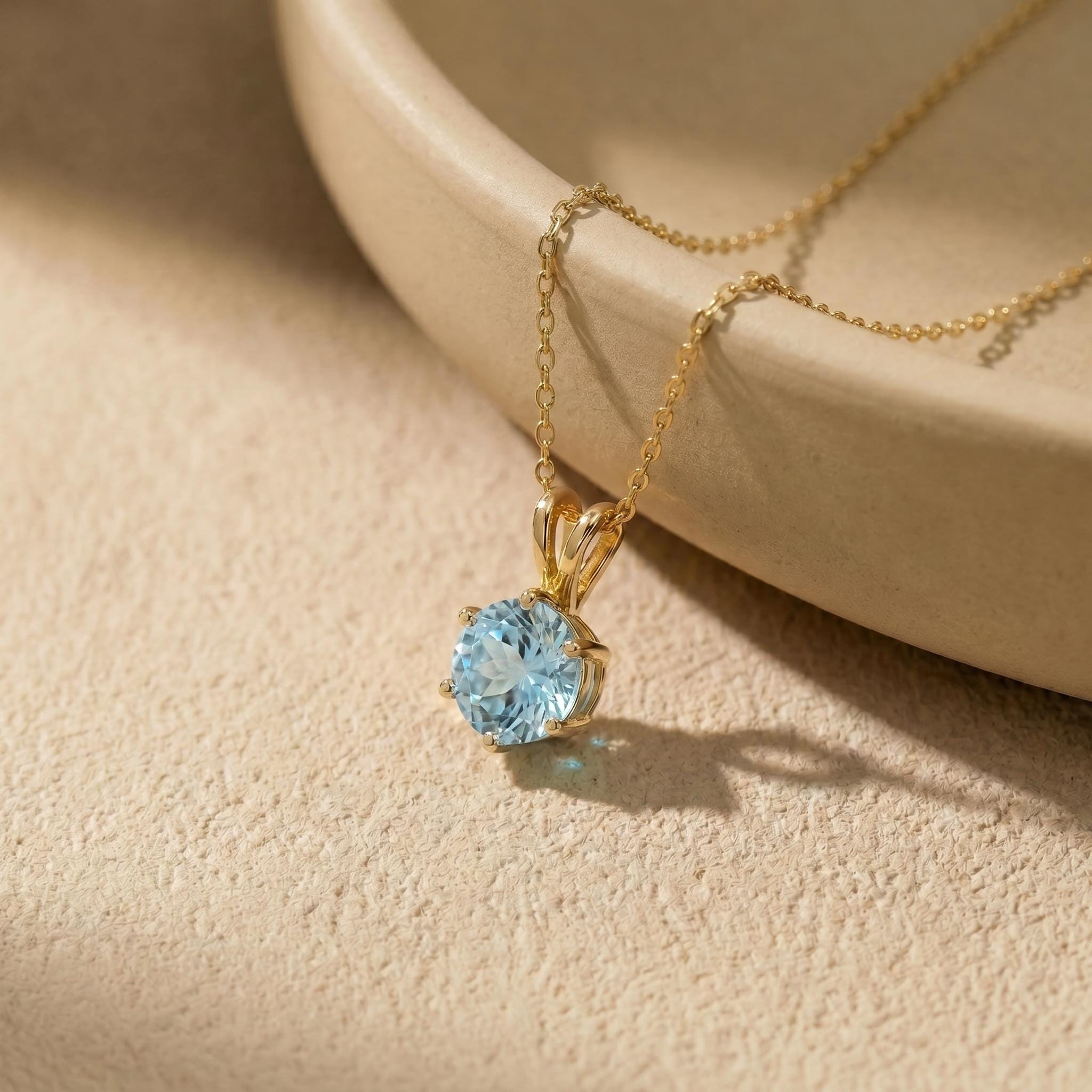 Aquamarine Necklace, Solitaire Pendant, March Birthstone Necklace, Dainty Blue Gemstone Necklace for Her