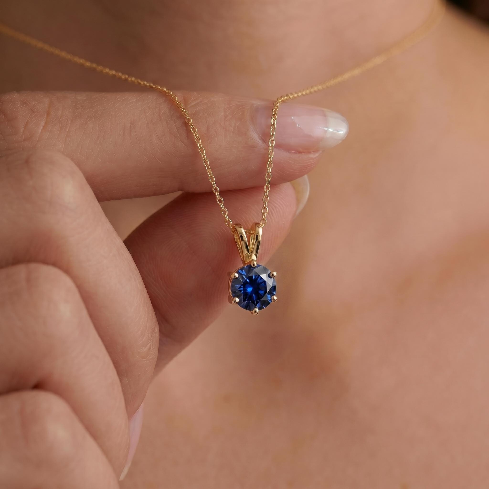 Blue Sapphire Necklace, Solitaire Pendant, September Birthstone Necklace, Dainty Minimalist Jewelry Gift for Her