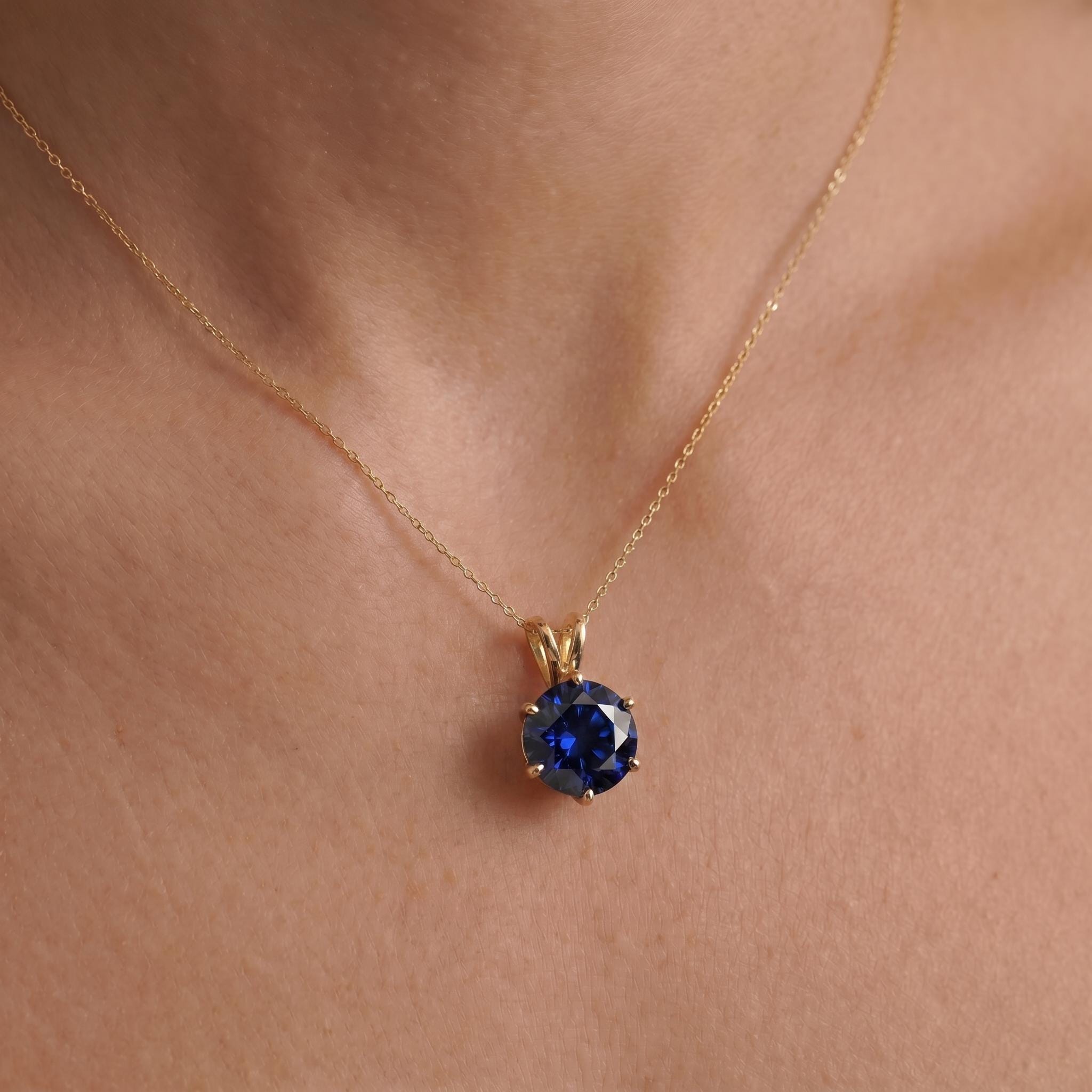 Blue Sapphire Necklace, Solitaire Pendant, September Birthstone Necklace, Dainty Minimalist Jewelry Gift for Her