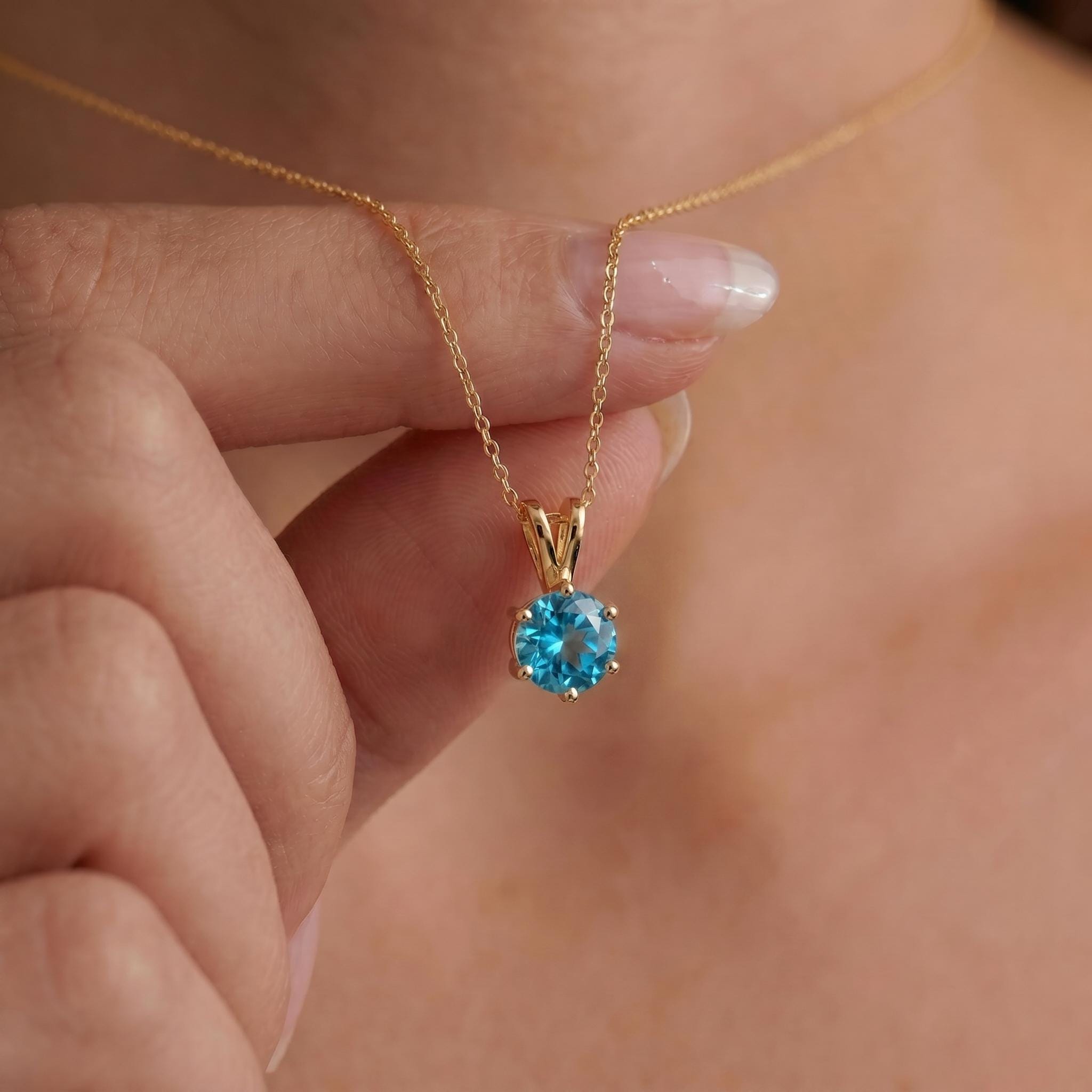 Blue Topaz Necklace, Solitaire Pendant, December Birthstone Necklace, Dainty Round Gemstone Necklace for Her