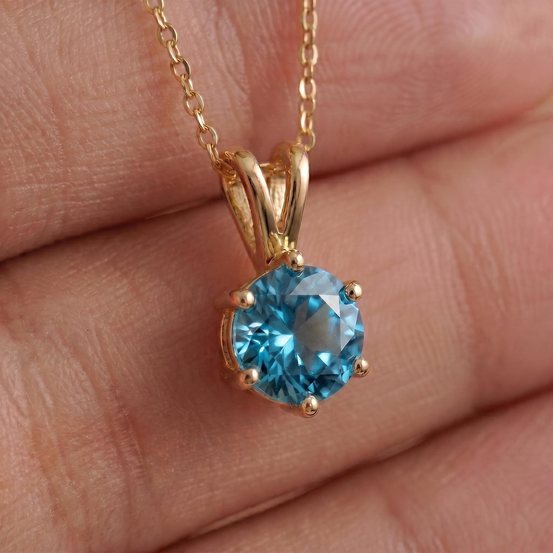 Blue Topaz Necklace, Solitaire Pendant, December Birthstone Necklace, Dainty Round Gemstone Necklace for Her