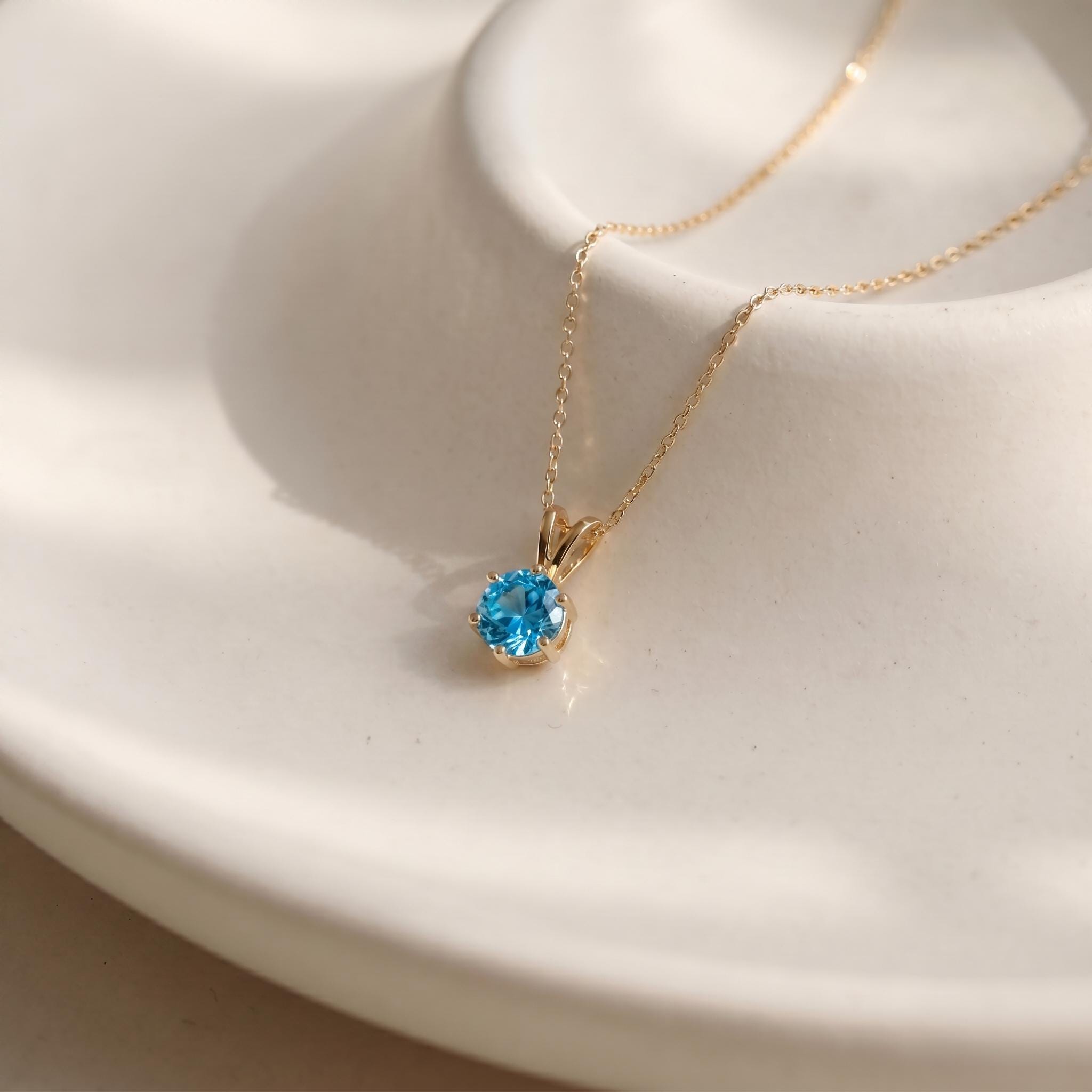 Blue Topaz Necklace, Solitaire Pendant, December Birthstone Necklace, Dainty Round Gemstone Necklace for Her