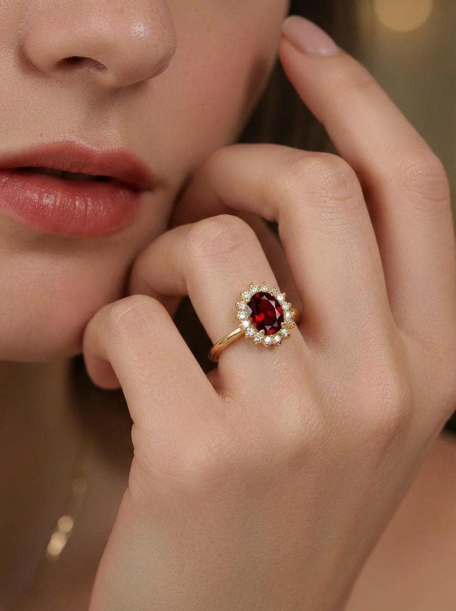1.25 CT Garnet Oval Halo Ring, Red Gemstone Engagement Cluster Ring, January Birthstone Gift for Her
