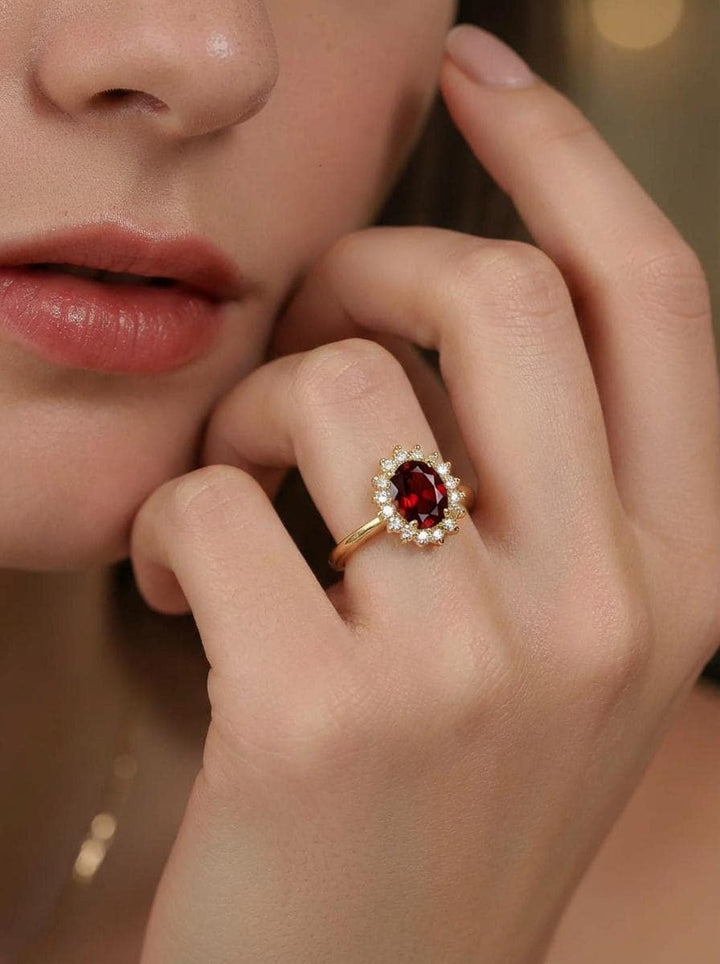 1.25 CT Garnet Oval Halo Ring, Red Gemstone Engagement Cluster Ring, January Birthstone Gift for Her