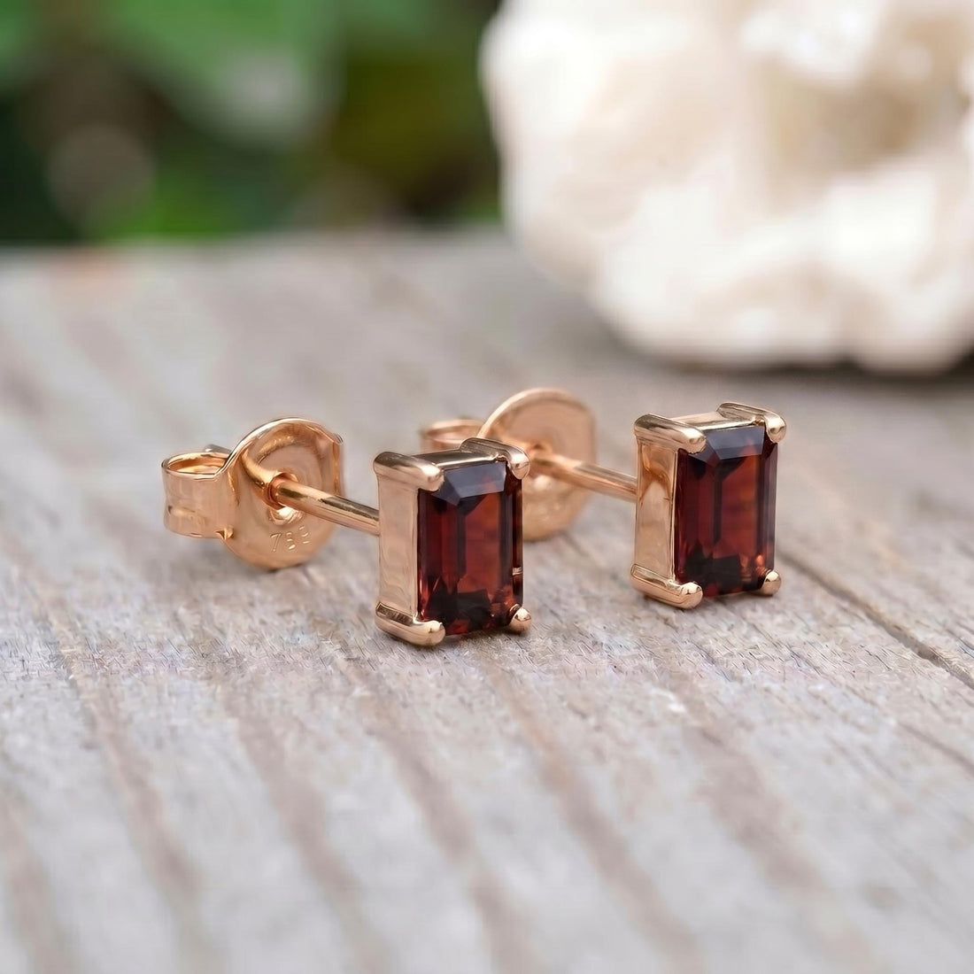 Emerald Cut Garnet Stud Earrings 18K Gold, January Birthstone Earrings, Minimalist Gold Gemstone Studs, Dainty Earrings for Her