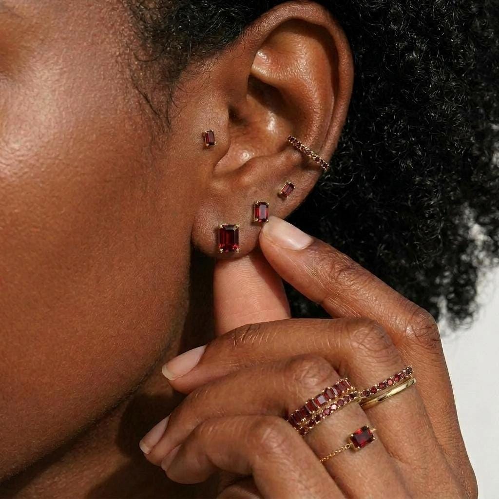 Emerald Cut Garnet Stud Earrings 18K Gold, January Birthstone Earrings, Minimalist Gold Gemstone Studs, Dainty Earrings for Her