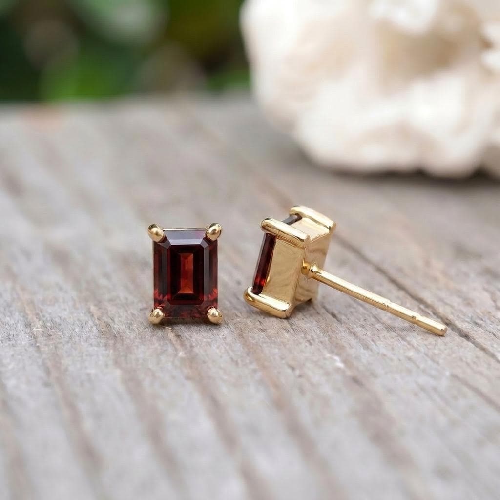 Emerald Cut Garnet Stud Earrings 18K Gold, January Birthstone Earrings, Minimalist Gold Gemstone Studs, Dainty Earrings for Her