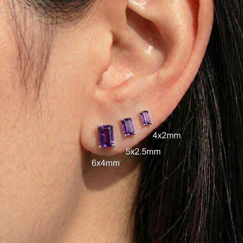 Emerald Cut Amethyst Stud Earrings 18K Gold, February Birthstone Earrings, Minimalist Gold Gemstone Studs, Dainty Earrings for Her